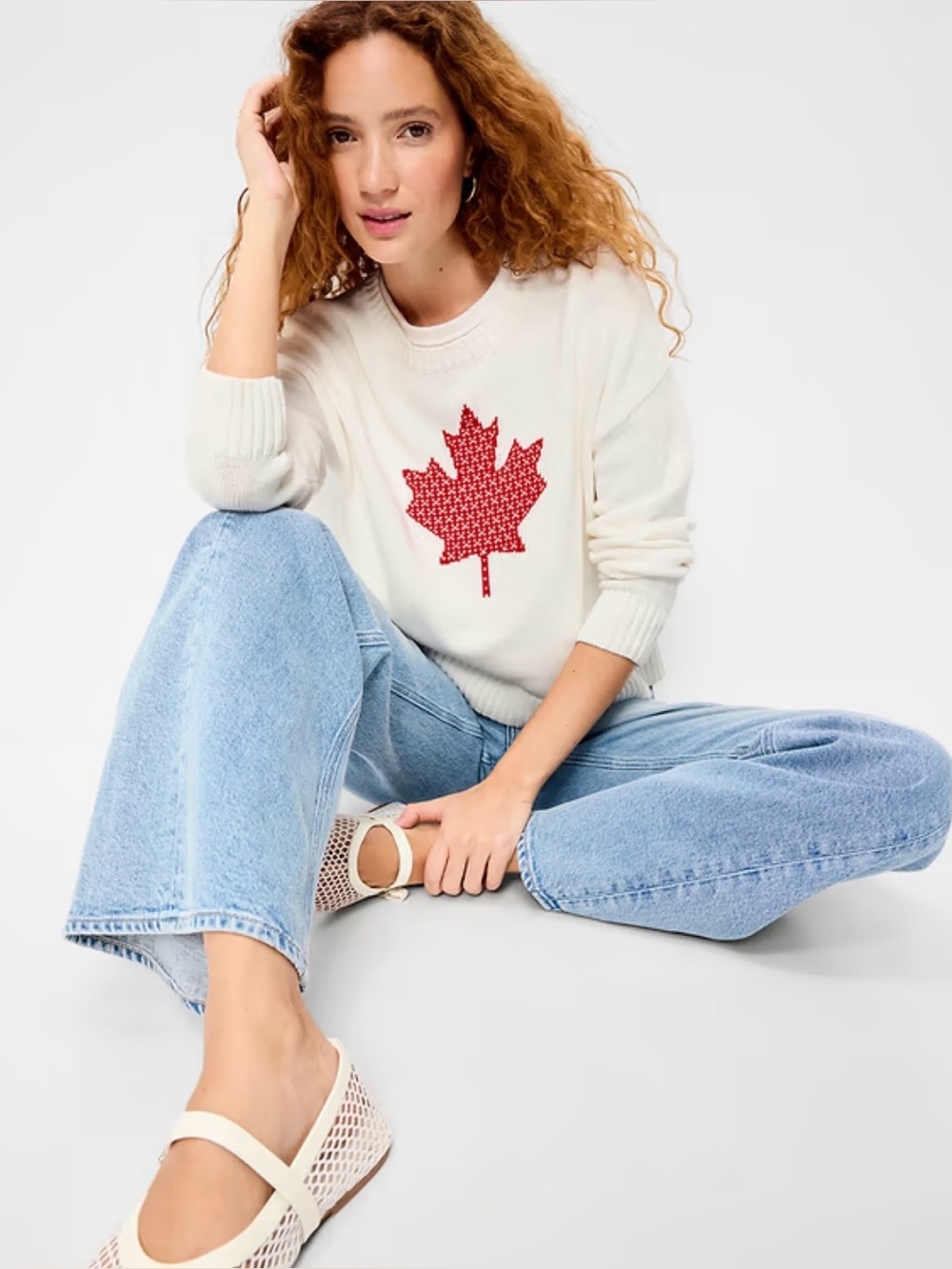 Old Navy 100% Cotton Sweater with Red Maple Leaf Motif in Sea Salt - SZ LG. NWT